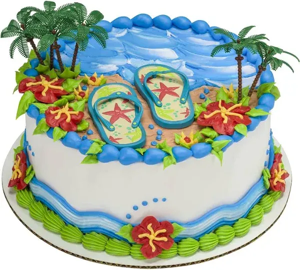 DecoSet Summer Flip Flops Cake Decoration, 5 Piece Beach Cake Topper With Magnetic Flip Flops And Palm Trees