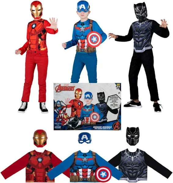 Marvel Avengers Team Child Dress-Up Trunk - Three Long-Sleeved Costume Tops with Printed Design Plus 3D Plastic Masks and Shield Accessory