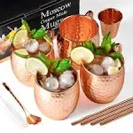 Moscow Mule Mugs, 4pcs Set of 16oz Copper Cups, Handcrafted 11 Piece Set