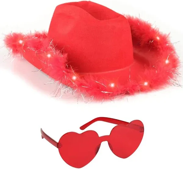 Funcredible White Cowboy Hat and Glasses - Light Up Cowgirl Hat for Girls - Cowboy Hat with Feathers