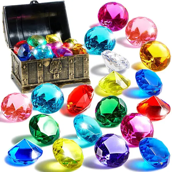 Sloosh Diving Gems Pool Toys, 16 Big Colorful Diamond with Pirate Treasure Chest, Swim Dive Toy for Kids Underwater Gemstone Swimming Training Gift Water Toys Pool Games（Gold）