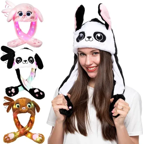 Spooktacular Creations 3PCS LED Bunny Hat with Moving Ears Plush Cute Rabbit Panda Puppy Animal Hat Cap Funny Jumping Rabbit Hat for Women Girls Halloween Christmas Cosplay Party Hat