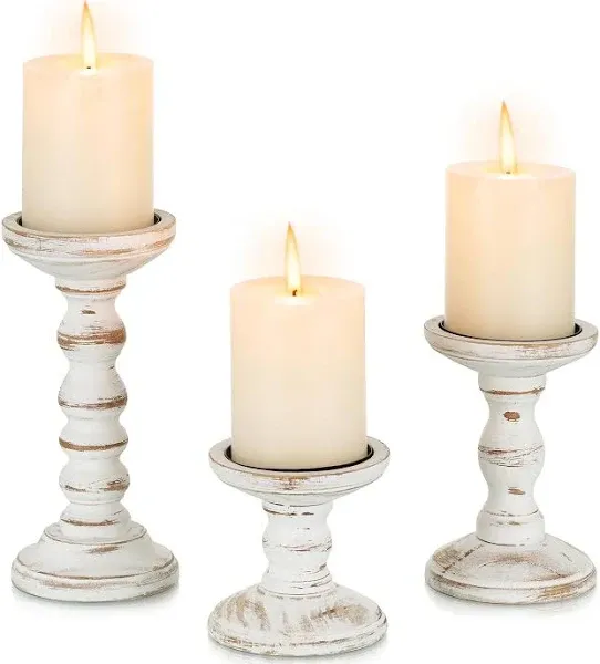 Traditional and Timeless Mango Wood Pillar Candle Holder Set of 3, 6&#034;, 8&#034;, 1&#034;H,