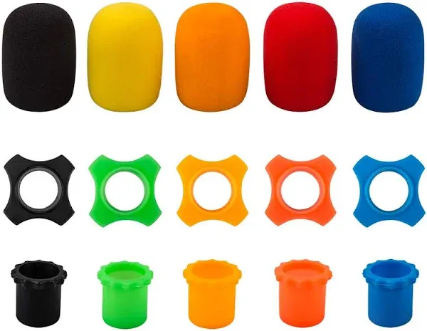 findTop Shakeproof Anti-Rolling Wireless Handheld Microphone Protection Silicone Ring (5 PCS), Bottom Rod Sleeve Holder (5 PCS), Windscreen Foam Cover (5 PCS) for KTV Device, Assorted Colors