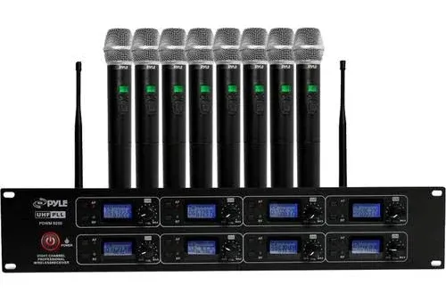 Pyle Professional 8 Channel UHF Wireless Microphone System 8 Handheld Mics Rack Mount Receiver Base RF & AF Radio/Audio Frequency Digital Display Independent Channel Volume Control (PDWM8250),Black