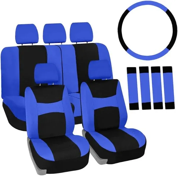 FH Group Full Set Cloth Car Seat Covers , Universal Fit Combo Set with Steering Wheel Cover and Seat Belt Pad for Cars, SUVs and Trucks, Blue