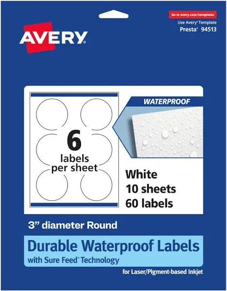 Avery Waterproof Round Labels with Sure Feed, Print to the Edge