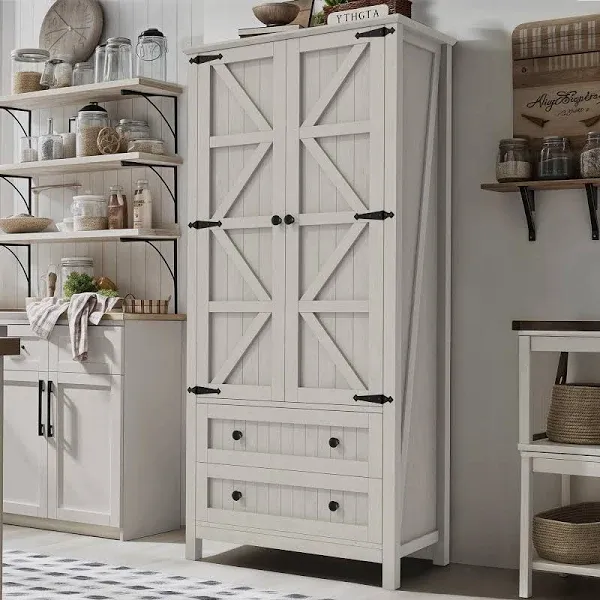 DWVO Farmhouse Kitchen Pantry Cabinet, 64.5&quot; Tall Storage Cabinet with 2 Drawers and Adjustable Shelves, Versatile Storage for Living Room, Dining Room or Hallway, White