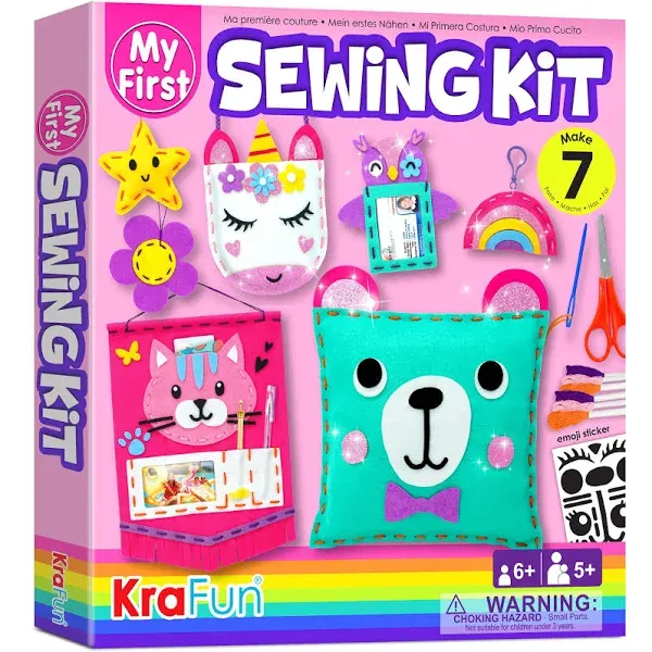 KRAFUN My First Sewing Kit for Beginner Kids Arts & Crafts, 6 Easy DIY Projects of Stuffed Animal Dolls and Plush Pillow Craft, Instructions & Felt, Gift for Girls, Boys, Learn to Sew, Embroidery