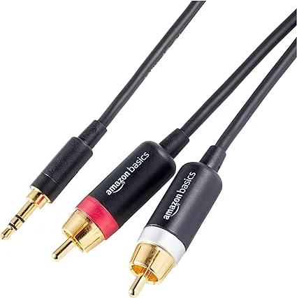 Amazon Basics 3.5 Aux to 2 x RCA Adapters, Audio Cable for Amplifiers, Active Speakers with Gold-Plated Plugs, Black, 15 Feet/4.6 m