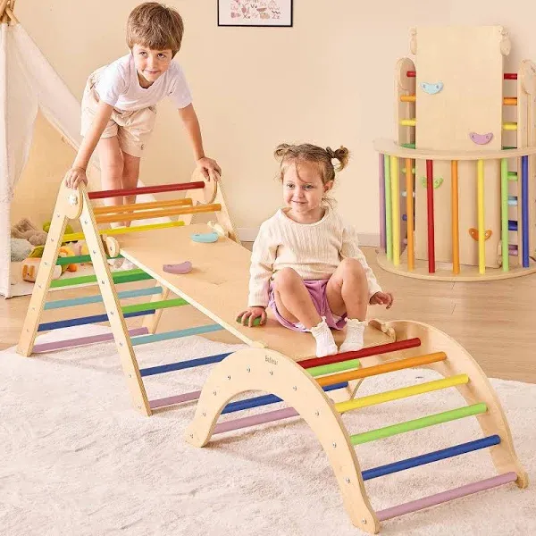 7 in 1 Wood Pikler Triangle Set, Foldable Toddler Climbing Toys Indoor, Monte...