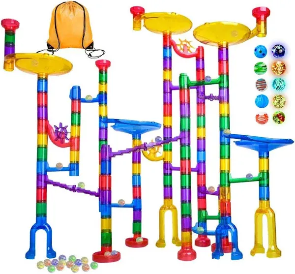 Meland Marble Run - 132Pcs Marble Maze Game Building Toy for Kid, Marble Track Race Set & STEM Learning Toys for Boy Girl Age 3 4 5 6 7 8 9+ (102 Translucent Marbulous Pcs & 30 Glass Marbles)