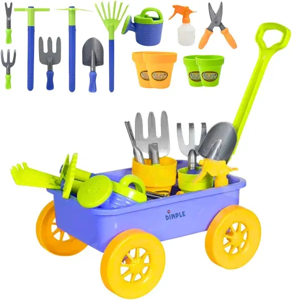 Dimple Kids Gardening Set Tools Wagon Toy - Premium 15 Piece Gardening Tools & Toddler Wagon Toy Set – Sturdy & Durable - Top Yard, Beach, Sand, Garden Toy - Outside Toys for Toddlers