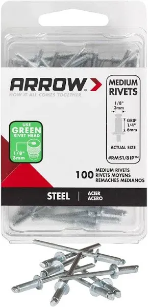 Arrow Fastener RMS1/8IP Medium Steel 1/8-Inch Pop Rivets for Metal, Fabric, Leather, and Auto Repair, 100-Pack, 1/8 Inch, 100 Count