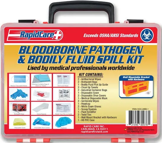 Rapid Care First Aid 839-LGBBK-1 Premium Bloodborne Pathogen & Bodily Fluid Spill Clean Up Kit, OSHA Compliant, Wall Mountable, 10" x 8" x 3.5",Red/Clear