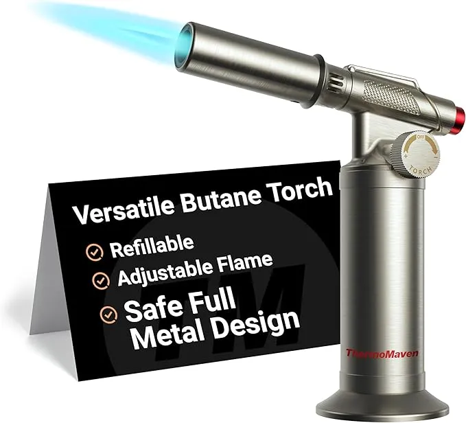 Metal Butane Torch, Kitchen Torch Lighter, Refillable Cooking Blow Torch, Fit All Butane Tanks with Adjustable Flame for Culinary Food, Brulee, Baking, Soldering, DIY (Fuel Not Included)