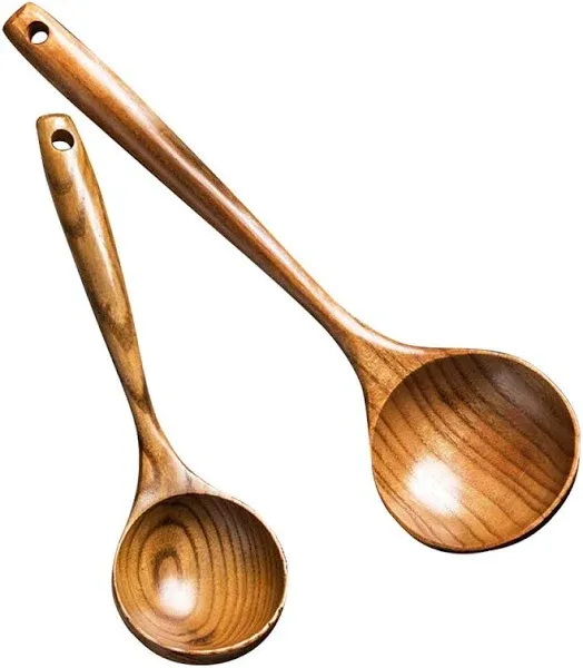 Renawe 2 Pcs Wooden Spoon Ladle Utensils Spoons-14 inch Long Kitchen Cooking Spoon & 11 inch Best Serving Soup Spoon Set