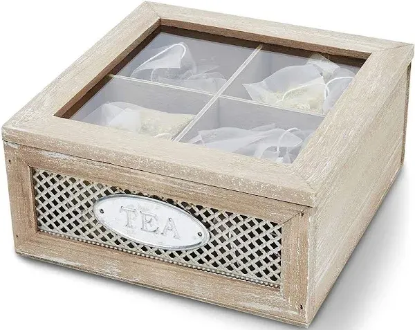 Juvale Wooden Box for Tea Bags Organizer, Rustic 4-Compartment Container with Clear Lid, 7 x 7 x 3 In