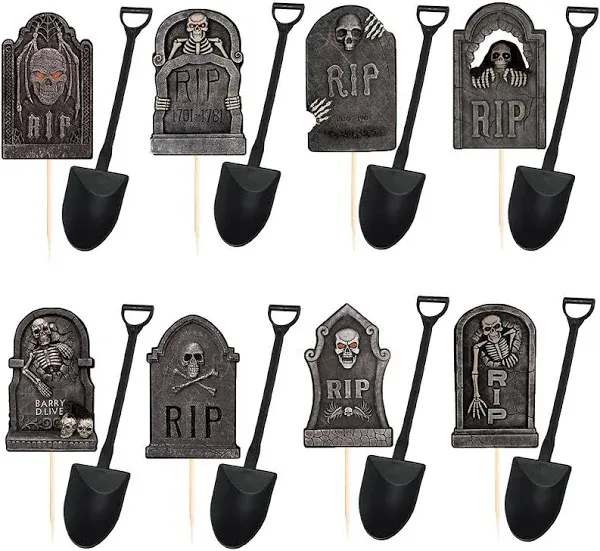 Halloween Cupcake Toppers Cake Decorations Tombstones Graveyard Cupcake Toppers with Novelty Mini Shovel Spoons for Halloween Party, Birthday Party Decoration Supplies 48 Pieces