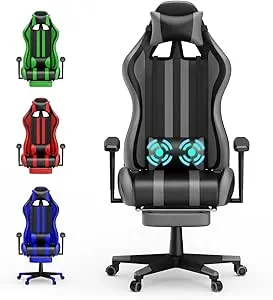 Soontrans Blue Gaming Chair with Footrest,Leather Ergonomic Gamer Chair for Adults,Ergonomic Computer Office PC Chair with Massage,Height Adjustable Video Game Chair 300LBS(Blue)