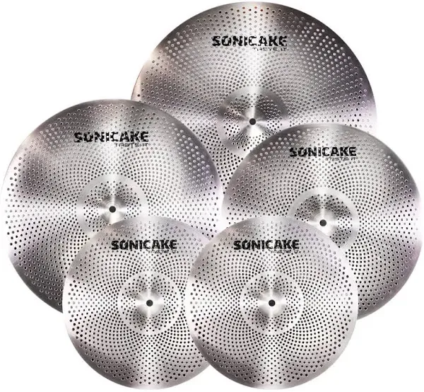 SONICAKE Low Volume Cymbal Pack Quiet Cymbal Set 14"Hi-hats+16"Crash+18"Crash+20"Ride 5 Pcs Mute Drum Cymbal Set Quiet Practice Cymbal, Sliver