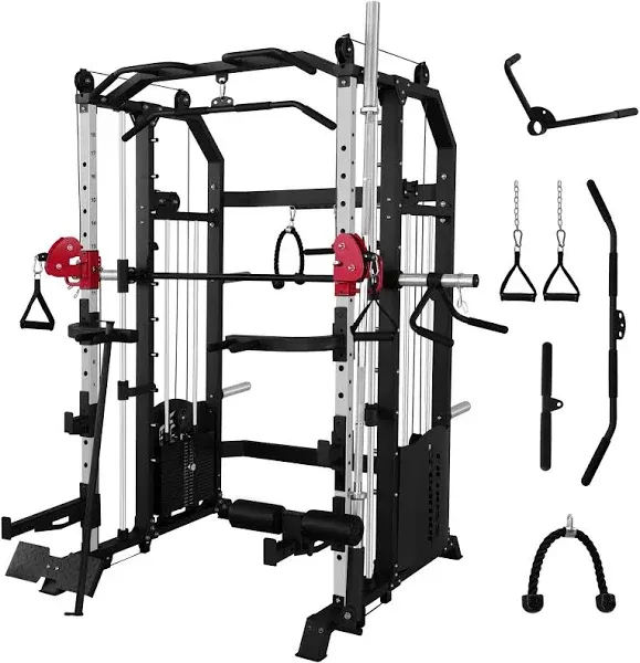 All-in- One Strength Training Smith Cage, Squat Rack, Leg Hold-Down, LAT Pull-Down, 440 lbs Weight Stack for Home Gyms, Red, 86.61″Lx66.93″Wx87.80″H