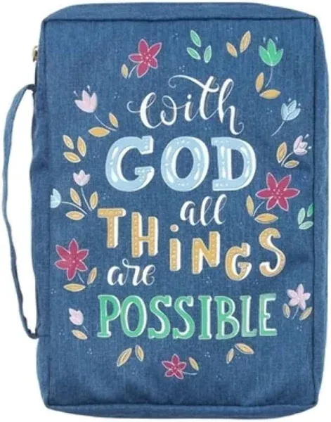 Christian Art Gifts Men/Women's Bible Cover with God All Things are Possible Matthew 19:26, Blue Floral Canvas, Large