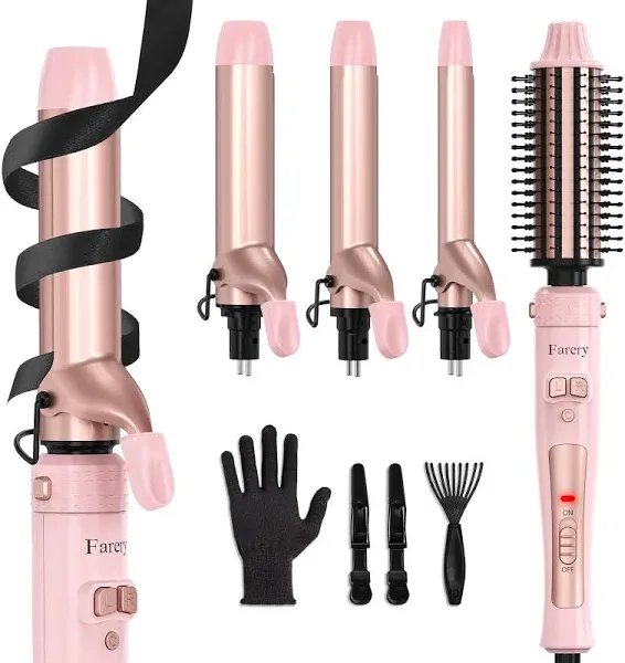 FARERY 4 in 1 Interchangeable Automatic Rotating Curling Iron & Thermal Brush Set