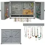 Rustic Wall Mounted Jewelry Organizer with Wooden Barndoor Decor. Jewelry holder for Necklaces, Earrings, Bracelets, Ring Holder, and Accessories. Includes hooks for hanging jewelry - Brown