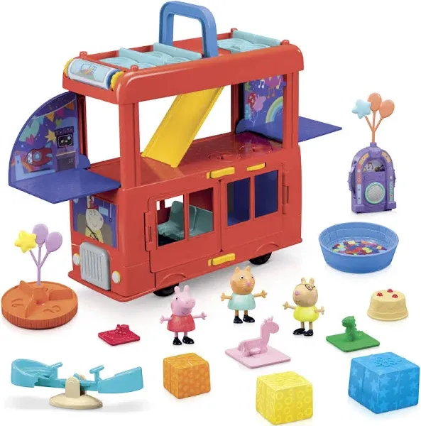 Peppa Pig 2-in-1 Party Bus Playset with 3 Figures and 13 Accessory Pieces, Preschool Toys for Girls and Boys, Kids Gifts, Ages 3+