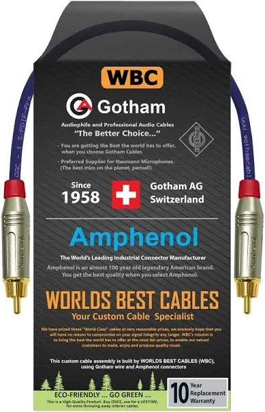 WORLDS BEST CABLES 3.5 Foot SPDIF Cable – Gotham GAC-1 S/PDIF-Pro (Ultrablue) High-End Silver Plated LCOFC Digital Audio Interconnect Cable & Amphenol ACPR-SRD Gold RCA Plugs - Custom Made