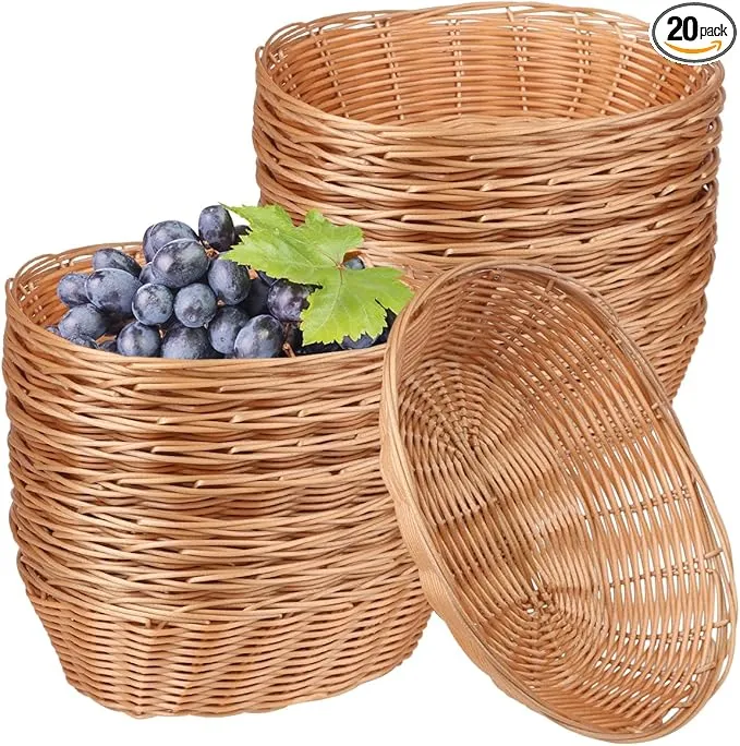 20 Pack Oval Poly Wicker Basket, 9 x 6 x 2.6 Inch Poly Wicker Bread Baskets, Medium Size Gift Baskets for Kitchen, Christmas Gifts, Centerpiece Display, Storing Bread, Fruits, Vegetables, by GNIEMCKIN