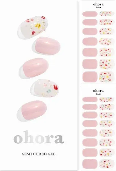 ohora Semi Cured Gel Nail Strips (N Flower Champagne) - Works with Any Nail Lamps, Salon-Quality, Long Lasting, Easy to Apply & Remove - Includes 2 Prep Pads, Nail File & Wooden Stick