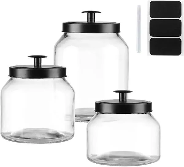 Clear Glass Kitchen Canister Set, Cookie Jar, Food Storage Container, Bathroom Jar with Metal Airtight Lid (Black)