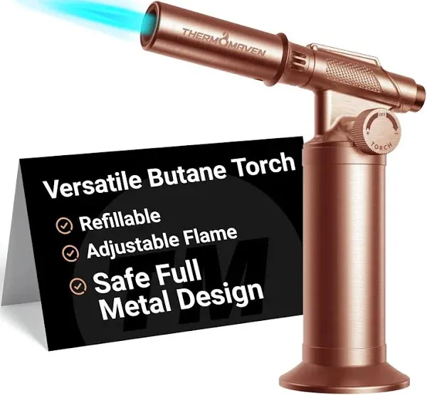 Butane Torch Lighter, Full Metal Kitchen Torch, Refillable Cooking Blowtorch, Adjustable Flame for Culinary Food, Brulee, Baking, and Soldering, Fits All Butane Tanks (Fuel not Included)