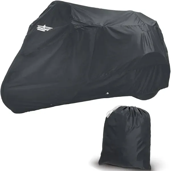 Motorcycle Trike Cover - Weather-Resistant with Elastic Hem, Rustproof Grommets, Storage Bag, Windshield Liner, Antenna Flaps & Expandable Windshield Pockets