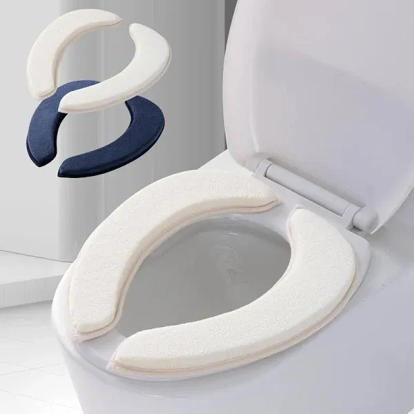 2 Sets Soft Flannel Toilet Seat Cover with Memory Foam, Non Slip Thicker Warmer Washable Bathroom Toilet Seat Cushion, Easy-Install Self-Adhesive Reusable Toilet Lid Seat Cover Pads (White,Navy)