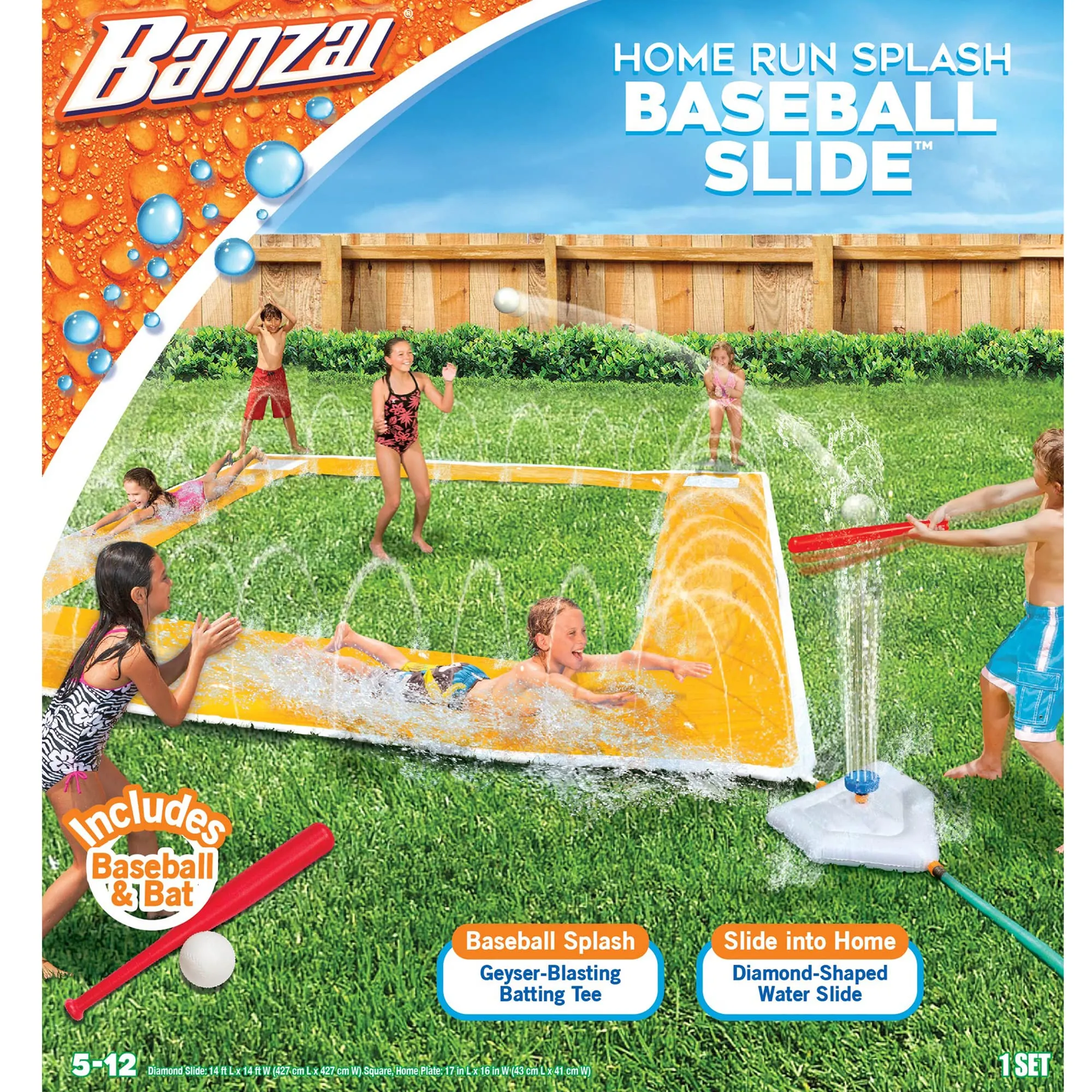 BANZAI Home Run Splash Baseball Slide, Length: 14 ft, Width: 14 ft, Inflatable Outdoor Backyard Water Slide Splash Toy, Baseball Bat & Ball Included