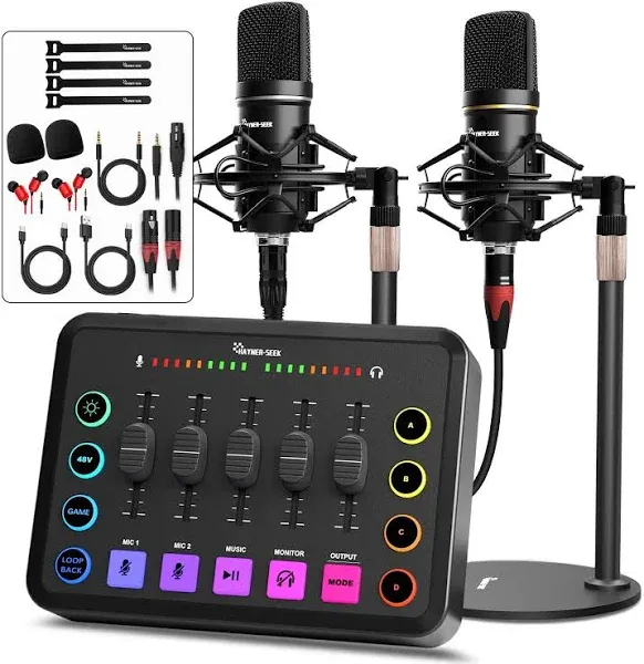 Podcast Equipment Bundle for 2, Audio Interface with XLR Condenser Microphone, and 3.5mm Mic,RGB, Mute,48V Phantom Power for Streaming,Gaming,Recording-Black