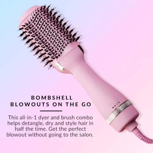 FoxyBae All-in-One Hair Styling Tool - Ceramic Oval Barrel Dryer Brush with Curling & Volumizing Functions (60mm) [Party Pink]