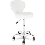 KLASIKA Adjustable Rolling Salon Stool with Backrest (White)