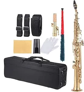 Brass Straight Soprano Sax Saxophone Bb B Flat Woodwind Instrument Natural Shell Key Carve Pattern with Carrying Case Gloves Cleaning Cloth Straps Cleaning Rod for Student Beginner and Teacher