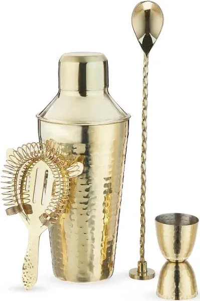 Twine Gold Hammered Barware Set, Stainless Steel Shaker, Jigger, Muddler, Bar Spoon, Hawthorne Strainer, Gold, Set of 4