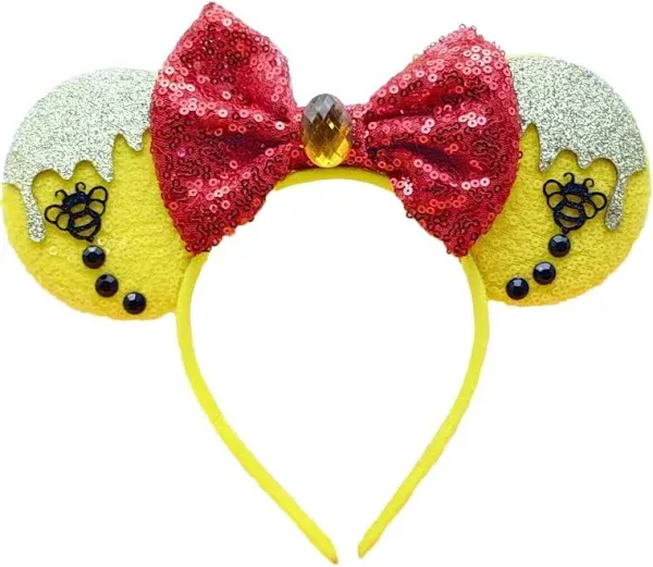 Mouse Ears Headband, Extra Thick & Soft Ear Headband for Adult Women Grils, Sequin Shiny Bow Headband for Cosplay Party Trip Hair Decorations (TS Yellow)