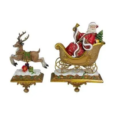 Set of 2 Brown and Red Santa Claus with Reindeer Christmas Stocking Holders 9.5"