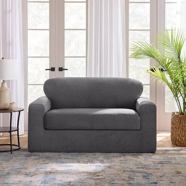 Sure Fit 2pc 73&#034; Wide Cedar Stretch Textured Loveseat Slipcover Gray