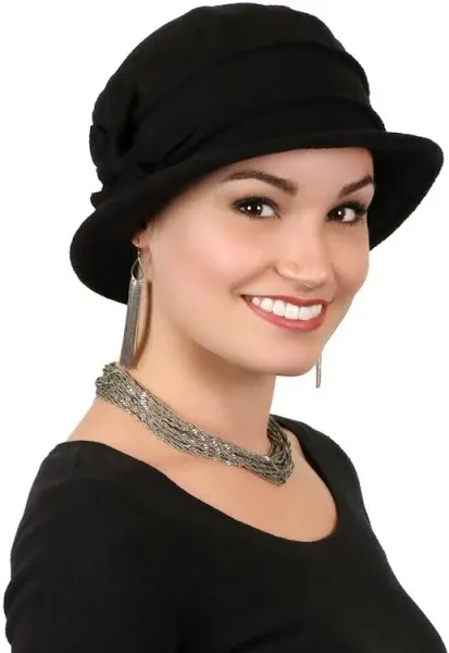 Hats Scarves & More Fleece Flower Cloche Hat for Women Cancer Headwear Chemo Ladies Head Coverings, Black, Medium-Large