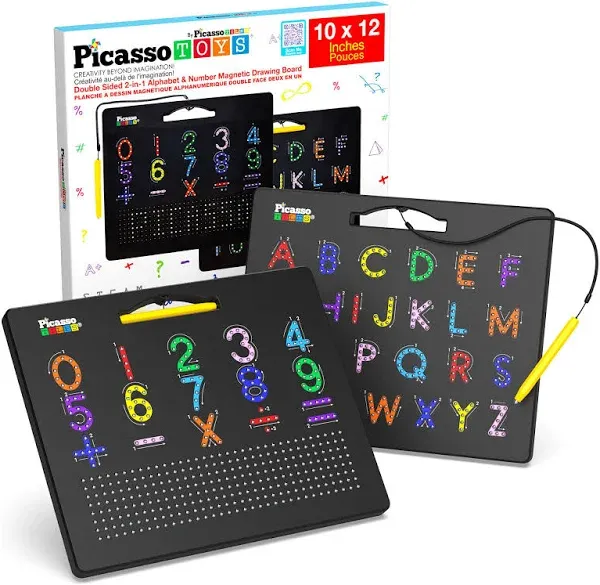 PicassoTiles 2-in-1 Magnetic Drawing Board Toy 12x10 inch Large Magnet Bead Tablet Pad with 2 Facings Alphabet+ Math STEM Free Style Educational Erasable Learning Writing Playboard in Black PTB02