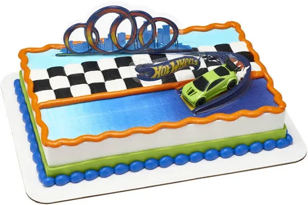 DecoSet® Hot Wheels Drift Birthday Cake Decorations, 2-Piece Topper with Race Car and 3D Racetrack Plaque, Create Action-Packed Racing Cakes for Birthdays and Parties