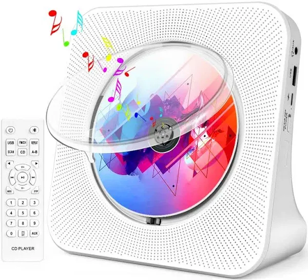 Wall CD Player with Speakers, ROADOM CD Players for Home, Bluetooth CD Player with Hi-Fi Stereo Sound,Remote Control,Supports CD/Bluetooth/FM Radio/U Disk/AUX/SD Card/Timer/Repeat,White